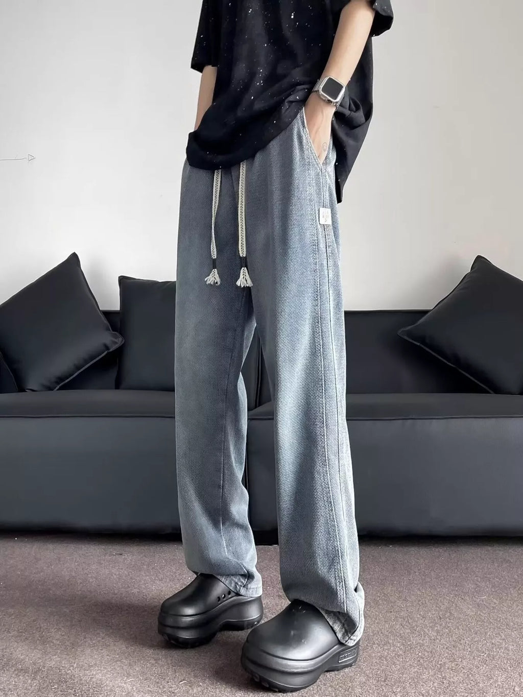 Men's Plus Size Drawstring Washed Wide Leg Jeans