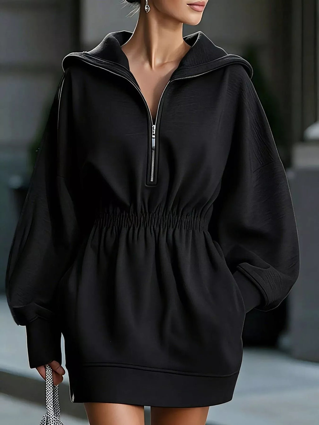 Casual Hooded Quarter-Zip Sweatshirt Dress