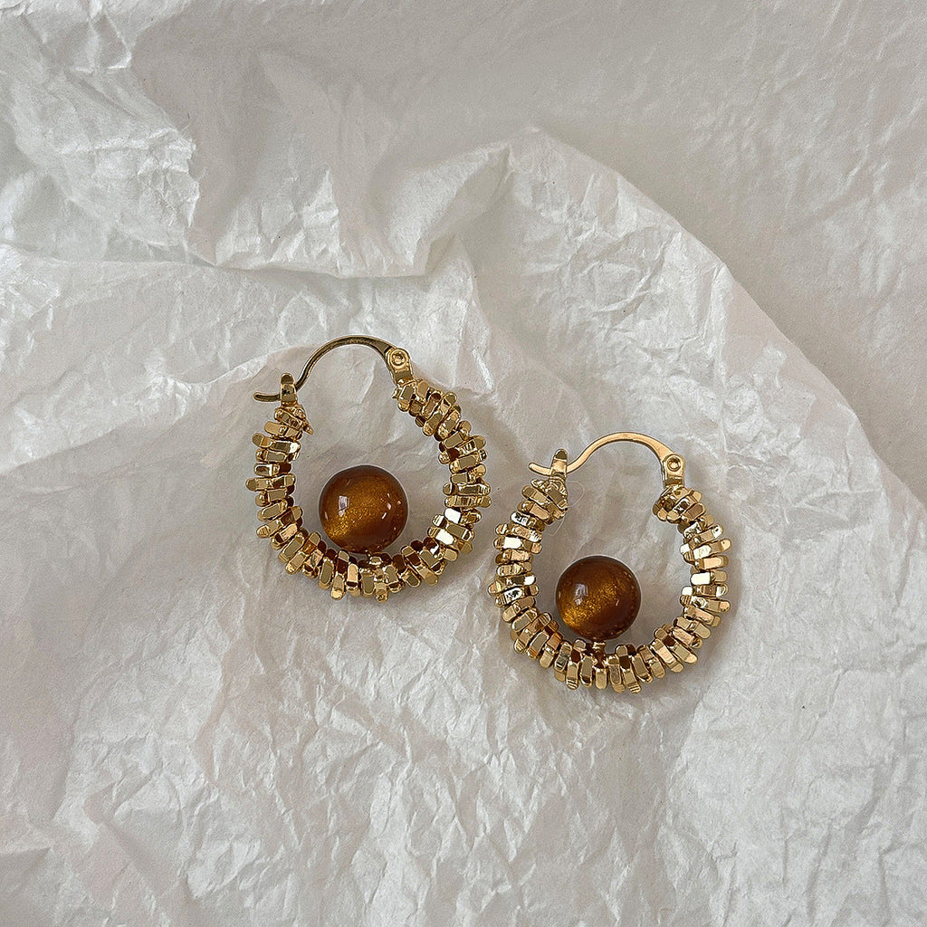 Copper-plated Real-gold Tiny Silver Cat-eye Stone Hoop Earrings Ear Rings And Ear Accessories