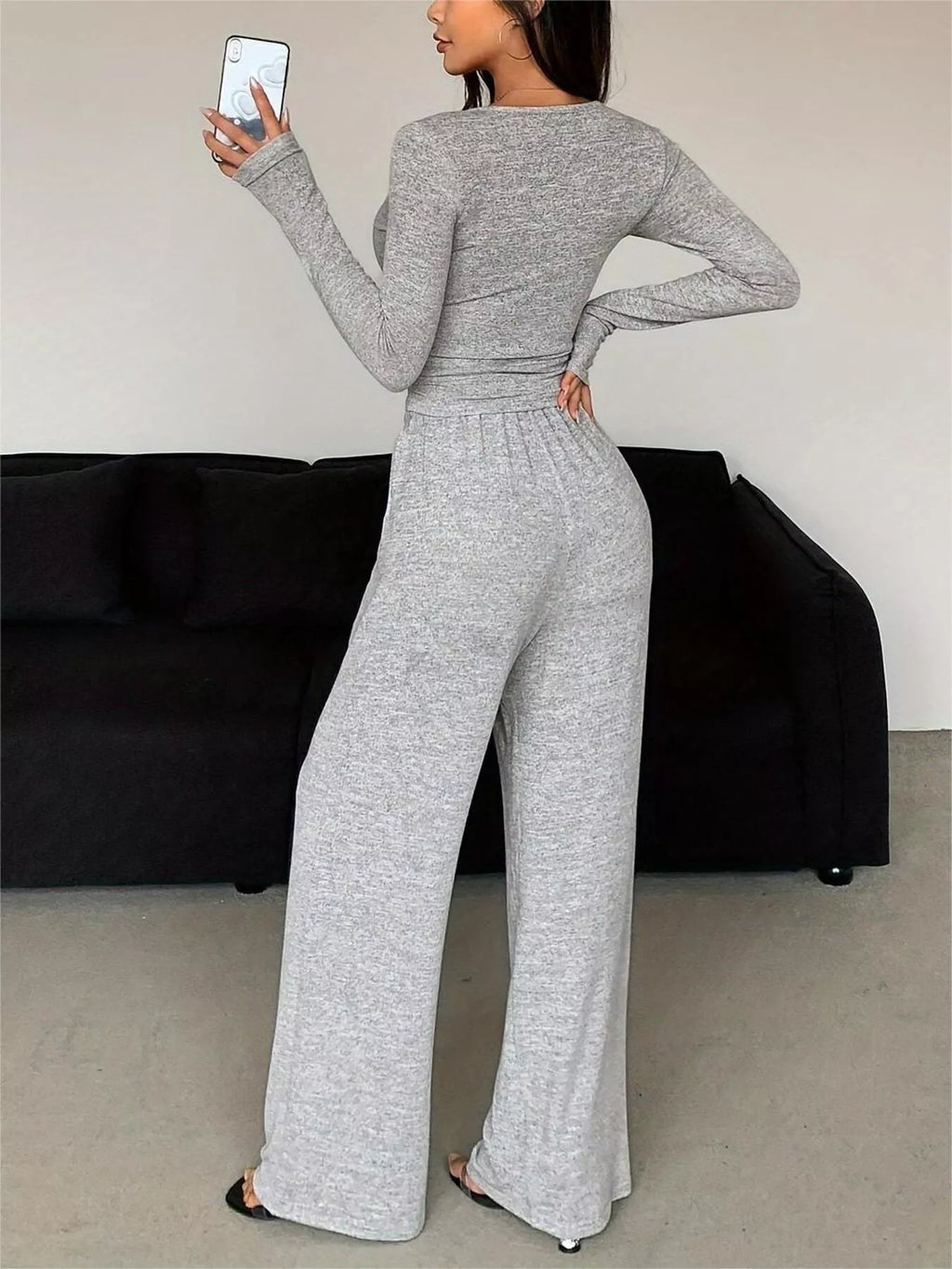 Button Detail Long Sleeve Top and Wide-Leg Pants Set