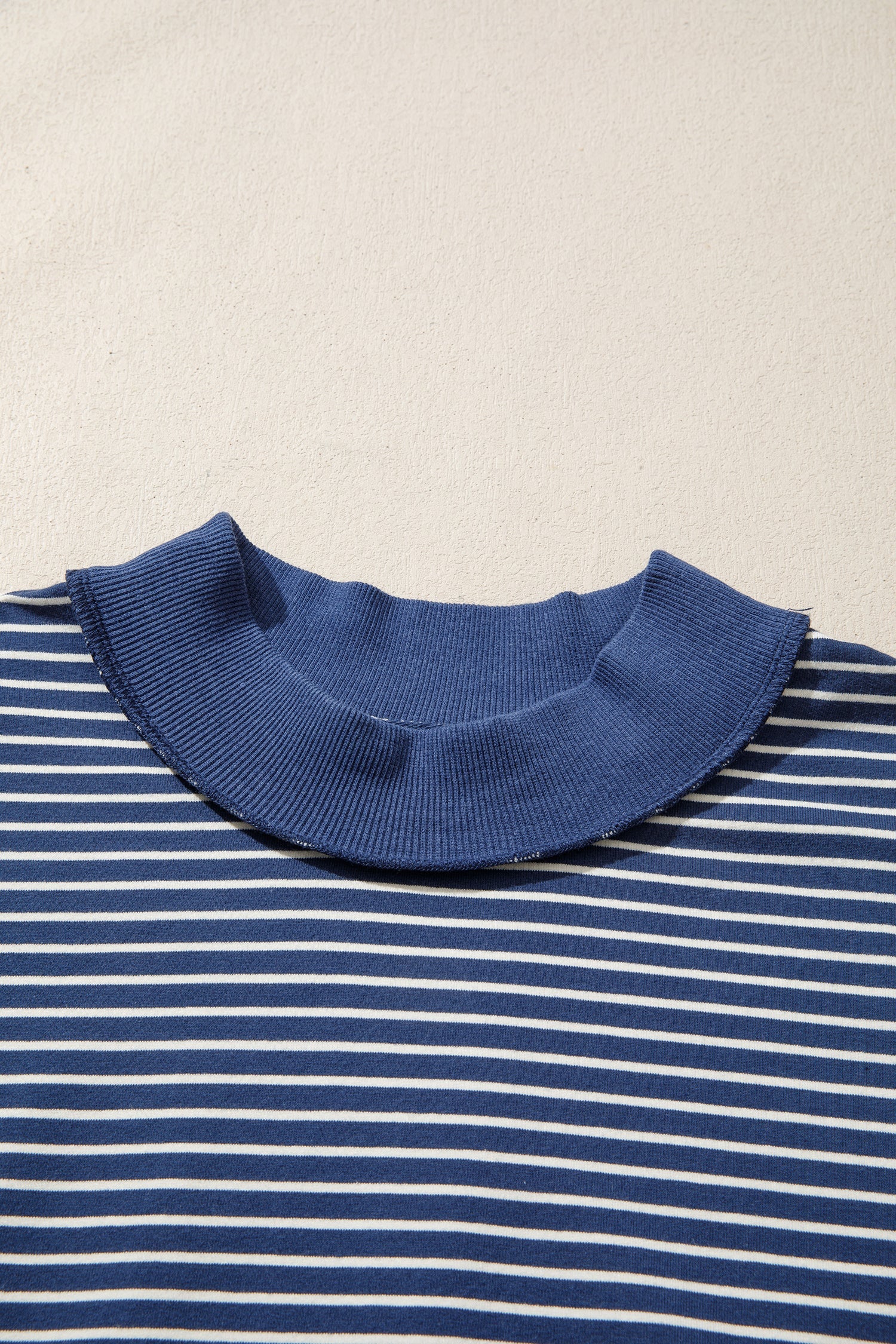 Blue Stripe Ribbed Patchwork Mock Neck Baggy Pullover Matching Shorts Set