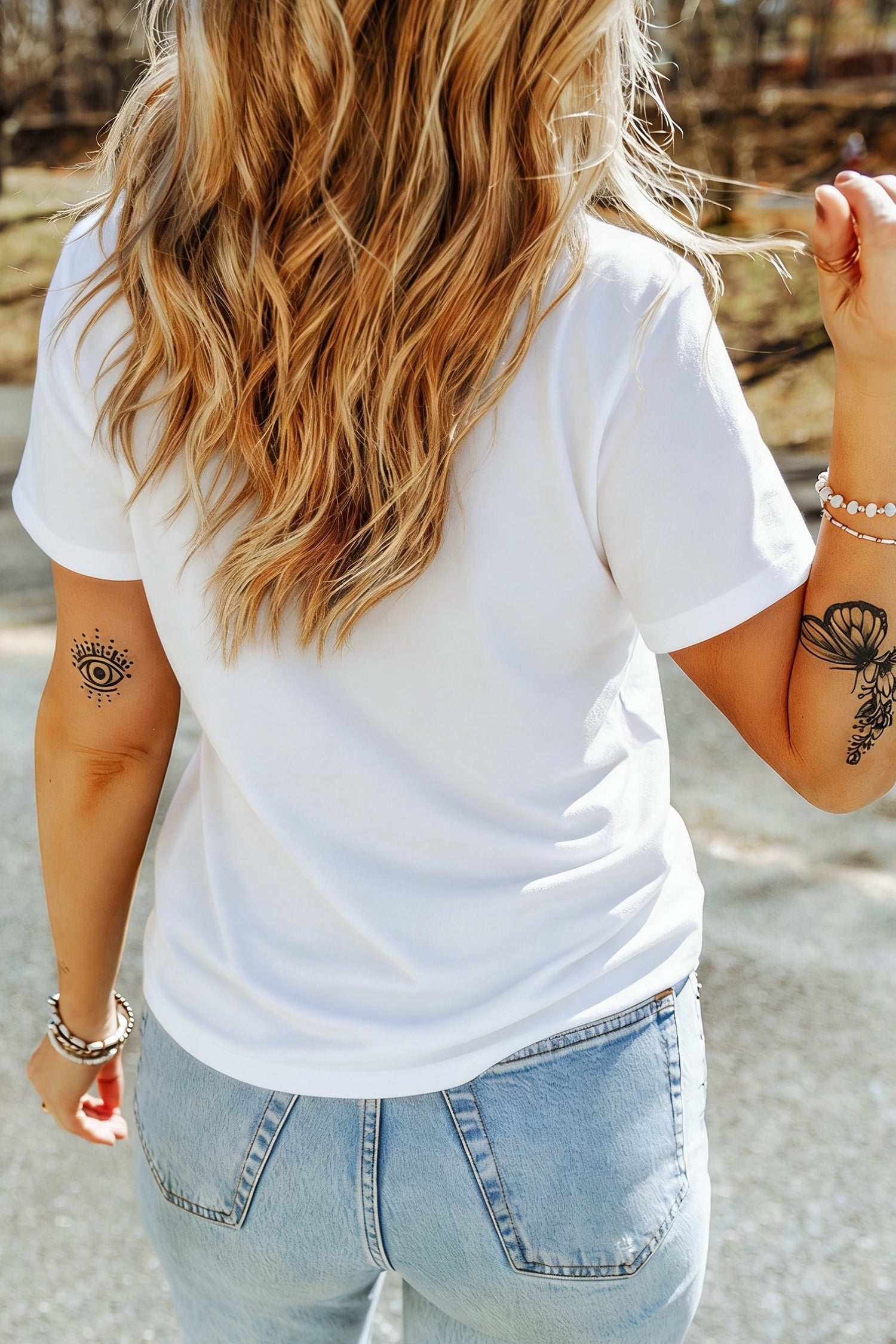 White Embroidered Flag Bow Short Sleeve Casual T-Shirt