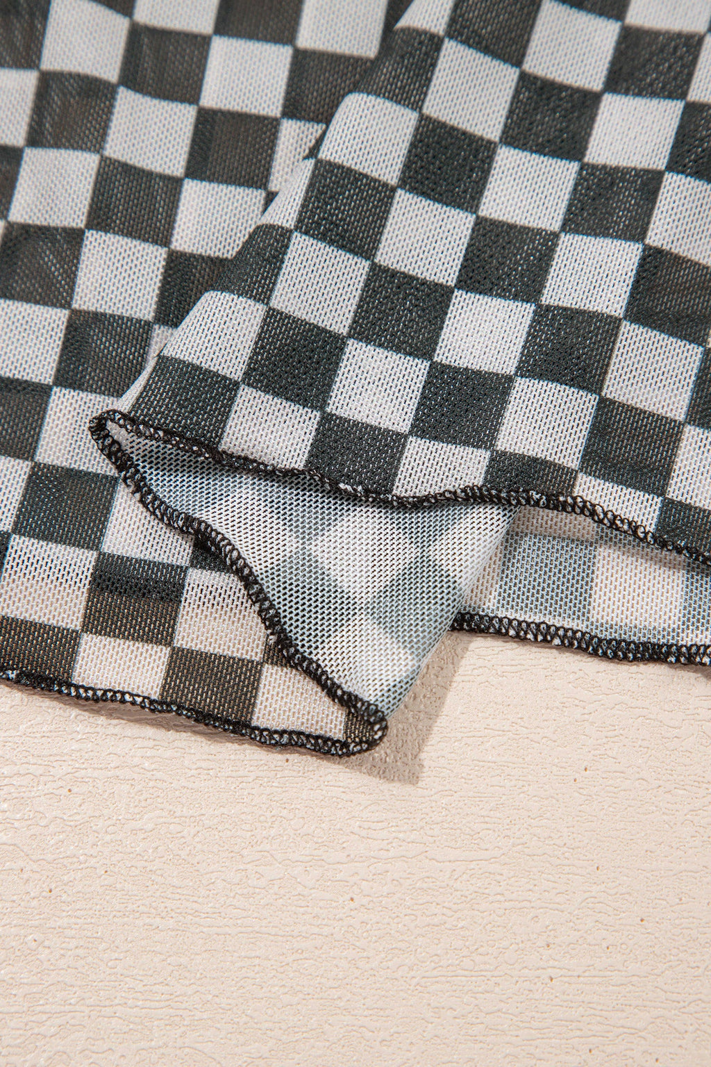 Black Plaid Stand Neck Long Sleeve Mesh Top