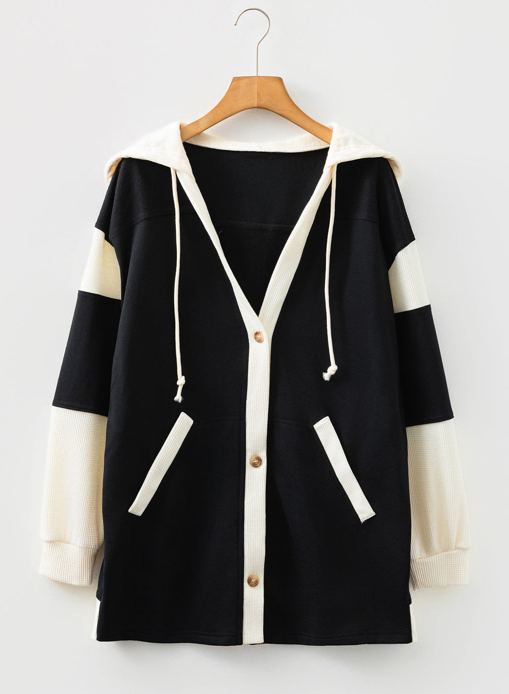 Waffle Knit Colorblock Patchwork Buttoned Hoodie