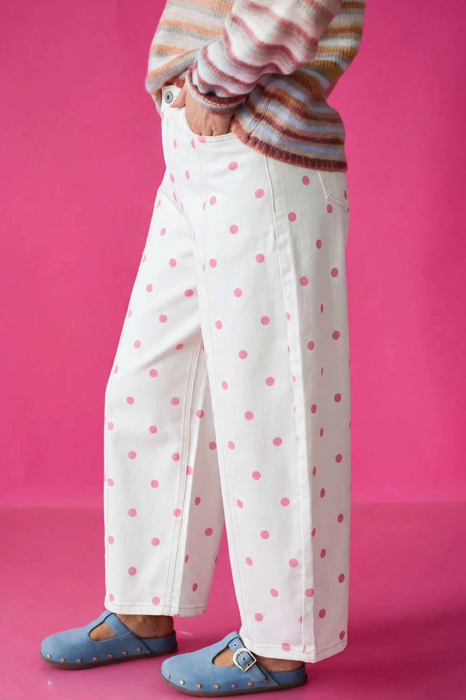 Pink Tailored Seam Polka Dot Print Ankle Length Casual Jeans