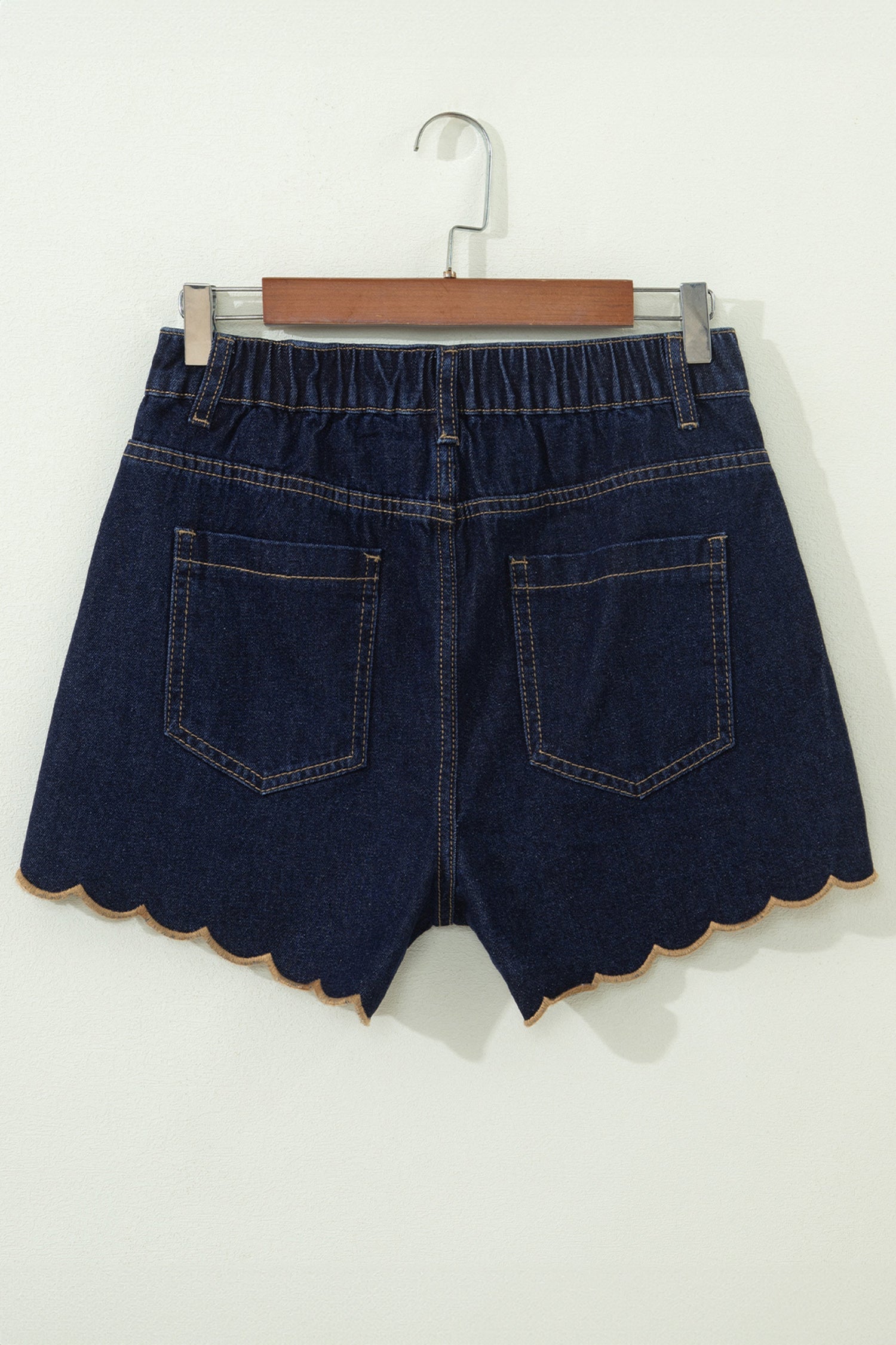 Navy Blue Embroidered Scalloped Trim Relaxed Denim Shorts