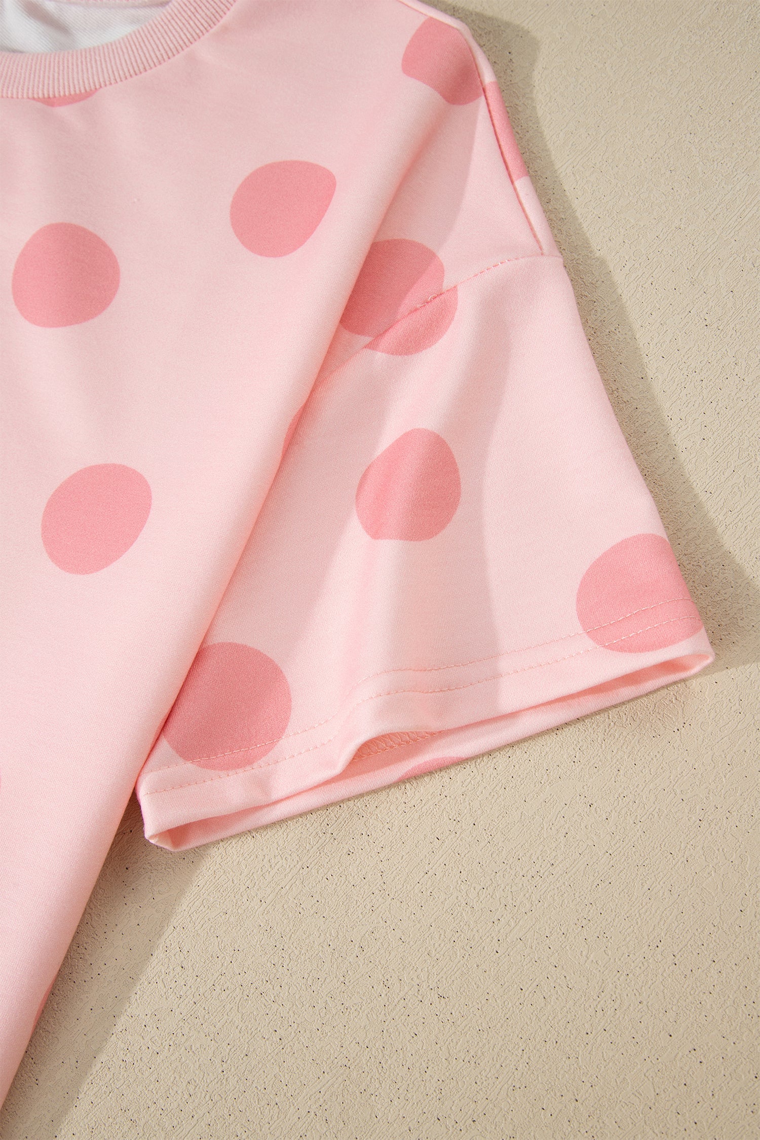 Pink Polka Dot Print Loose Tee Drawstring Elastic Waist Short Set