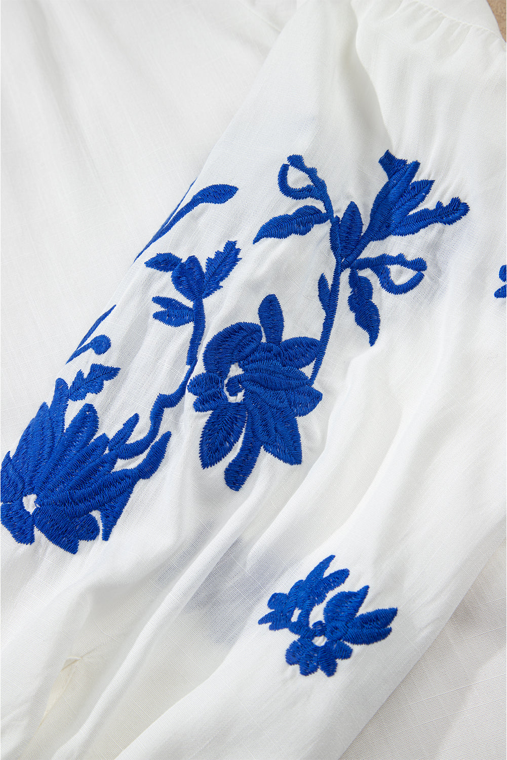 Floral Embroidered Drawstring V-Neck Blouse