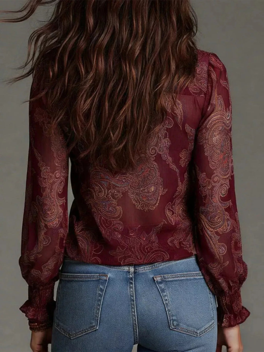 Full Size Paisley Print Ruffle Trim Zip-Front Blouse Plus Size