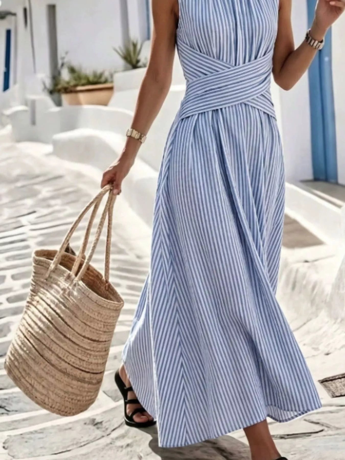 Full Size Striped Sleeveless Maxi Dress Plus Size