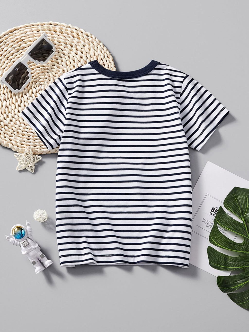 Children's Dinosaur Print Striped Crew Neck Short Sleeve T-Shirt