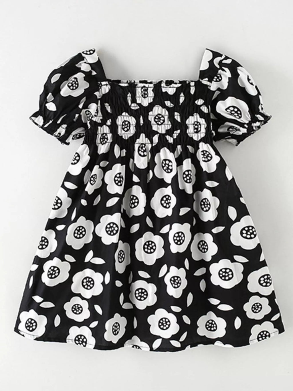 Children's Floral Print Square Neck Puff Sleeve Dress