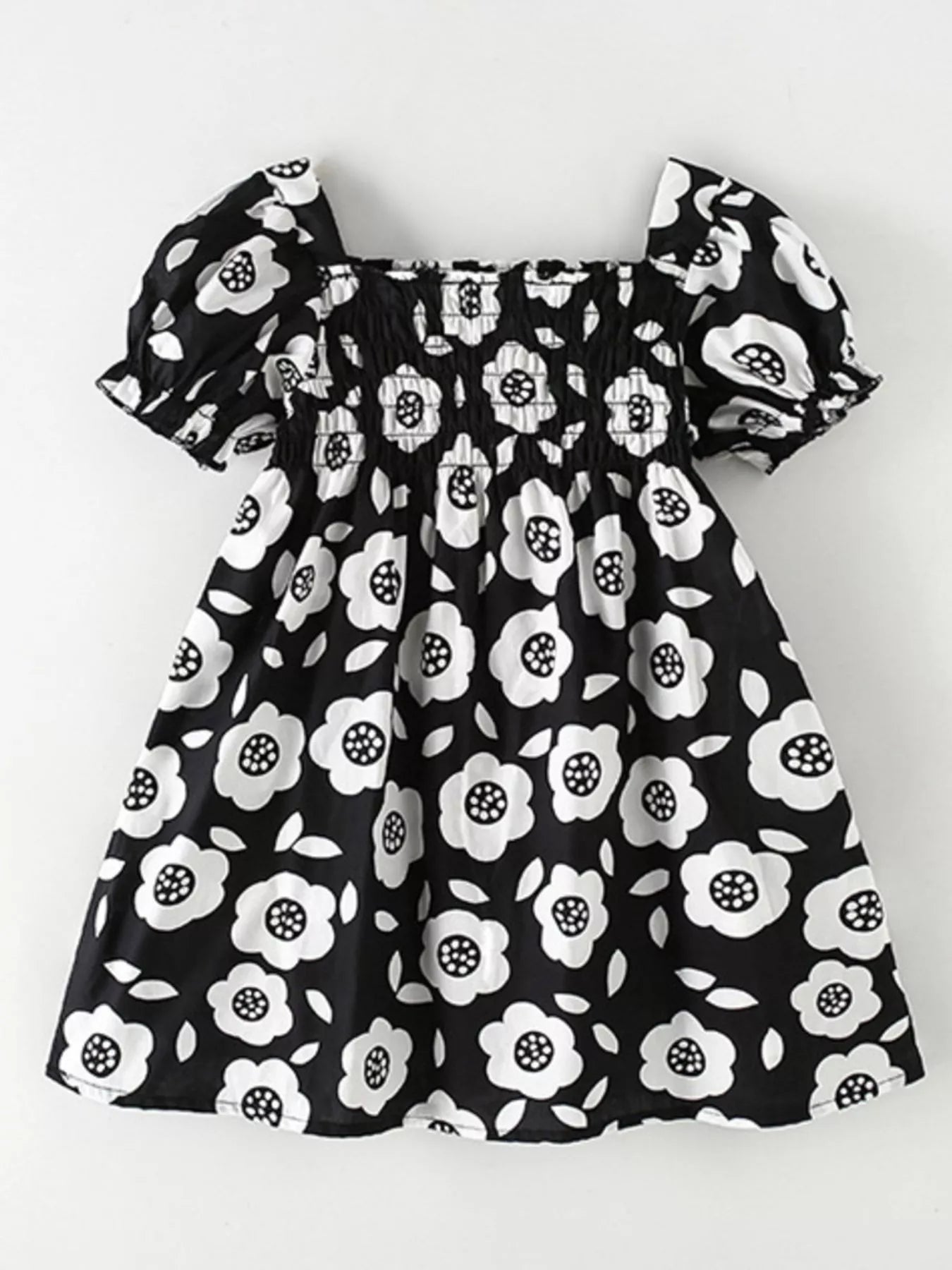 Children's Floral Print Square Neck Puff Sleeve Dress