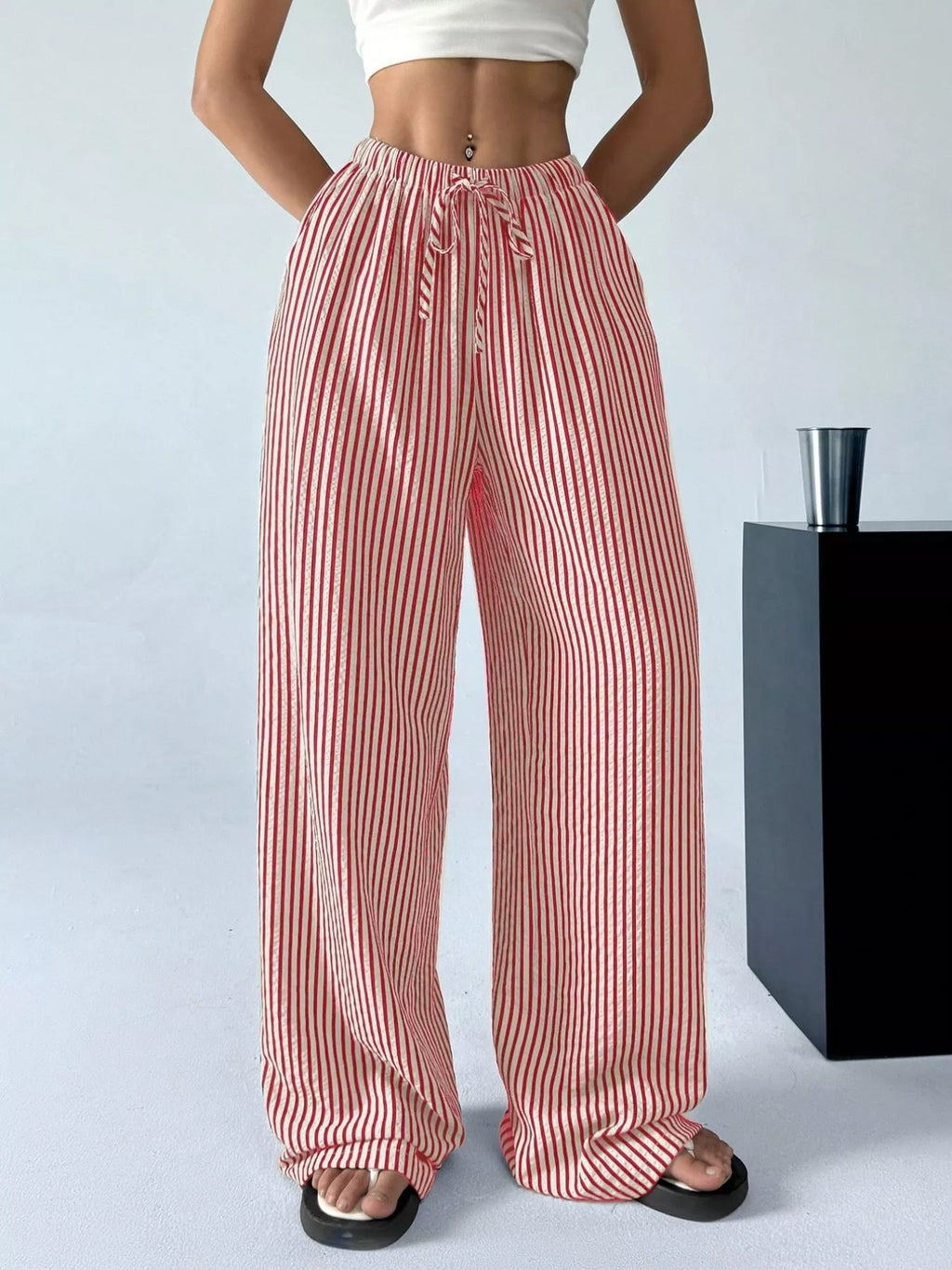 Full Size Striped Drawstring Waist Wide Leg Pants Plus Size
