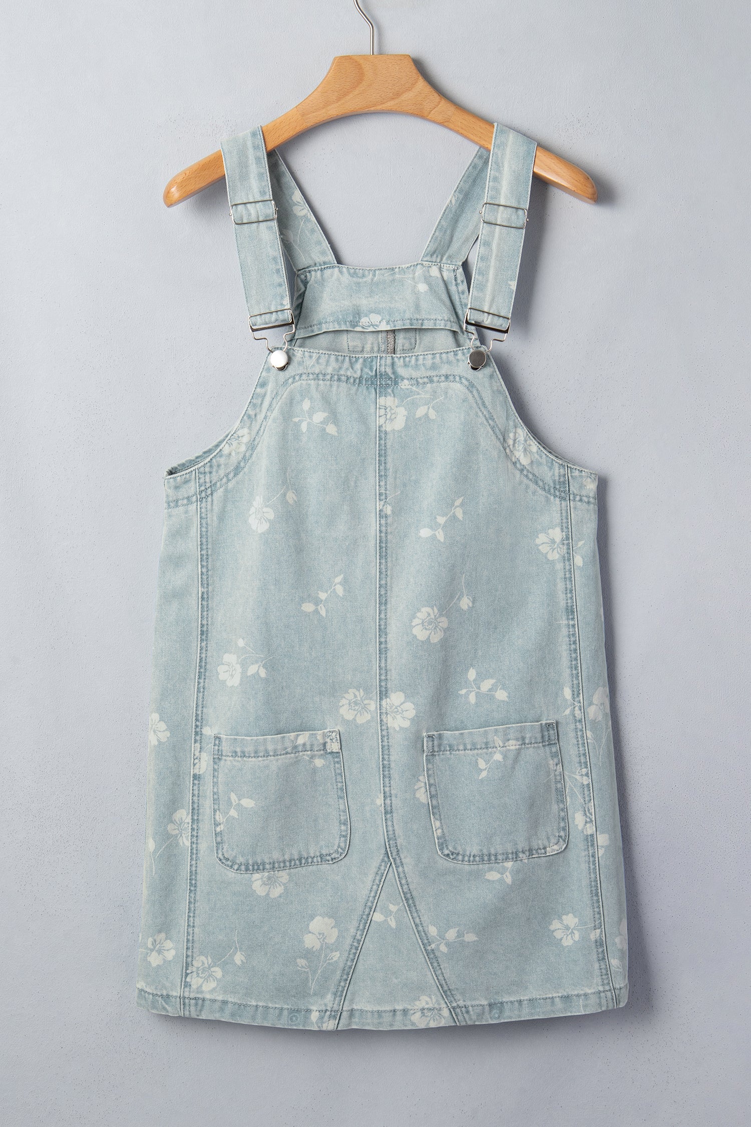 Sky Blue Retro Wash Denim Floral Print Overall Mini Dress