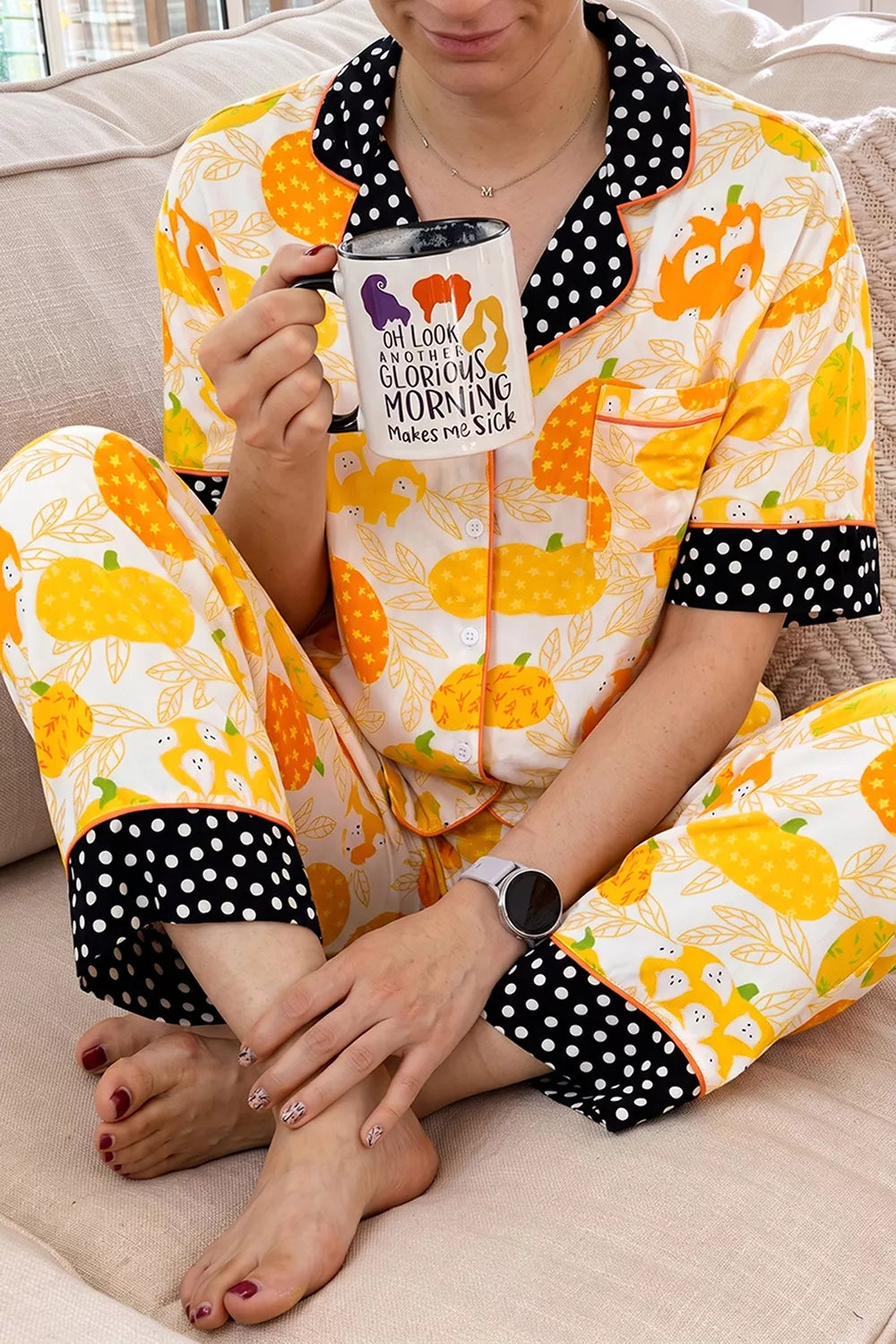 Short Sleeve Pumpkin Print Polka Dot Trim Pocket Placket Lounge Set