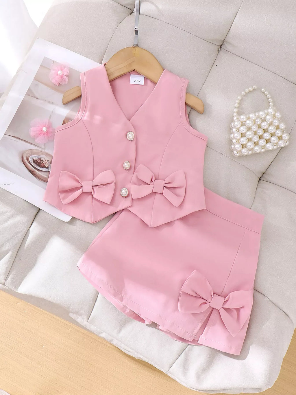 Children's Bow Button Up Vest and Skirt Set