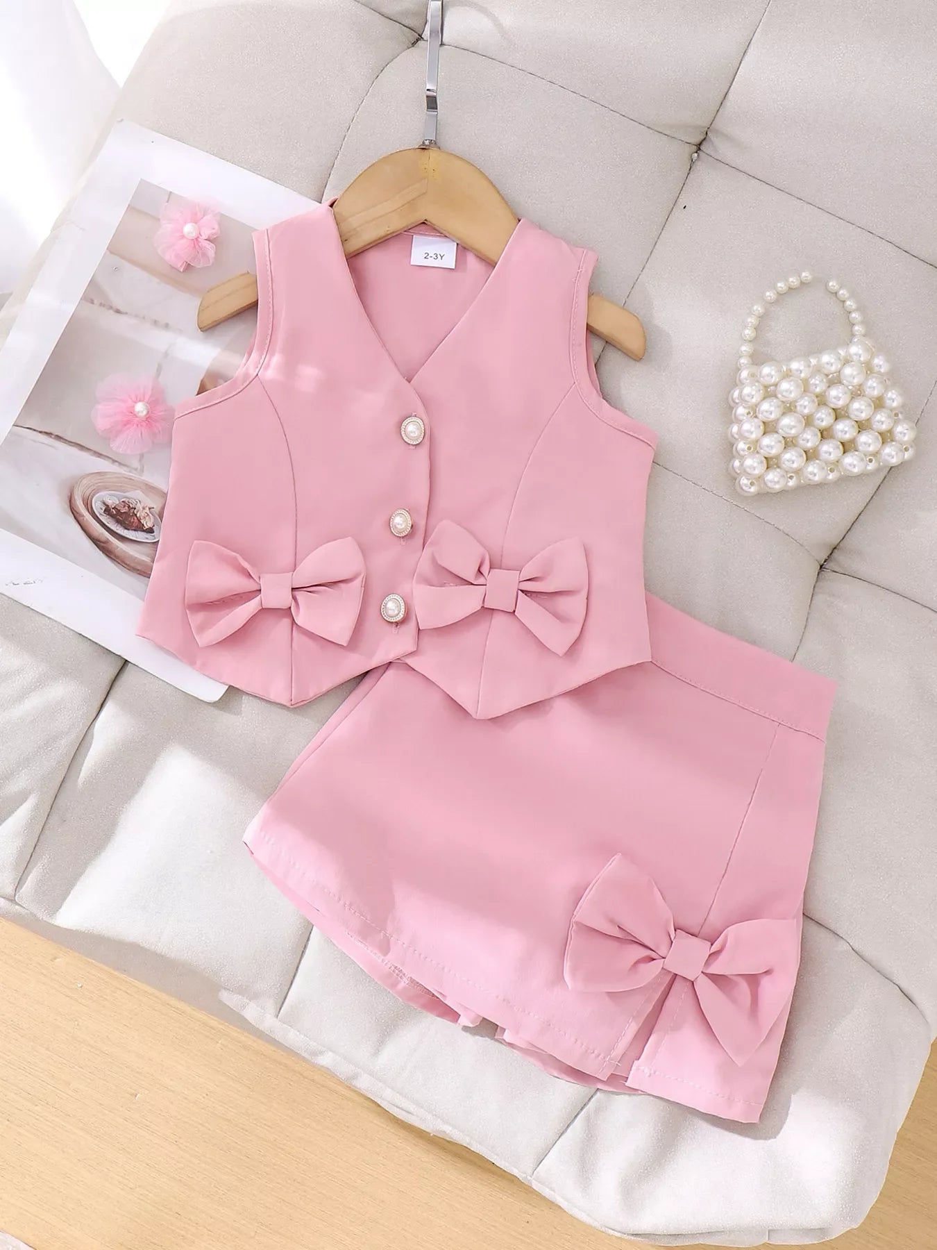 Children's Bow Button Up Vest and Skirt Set