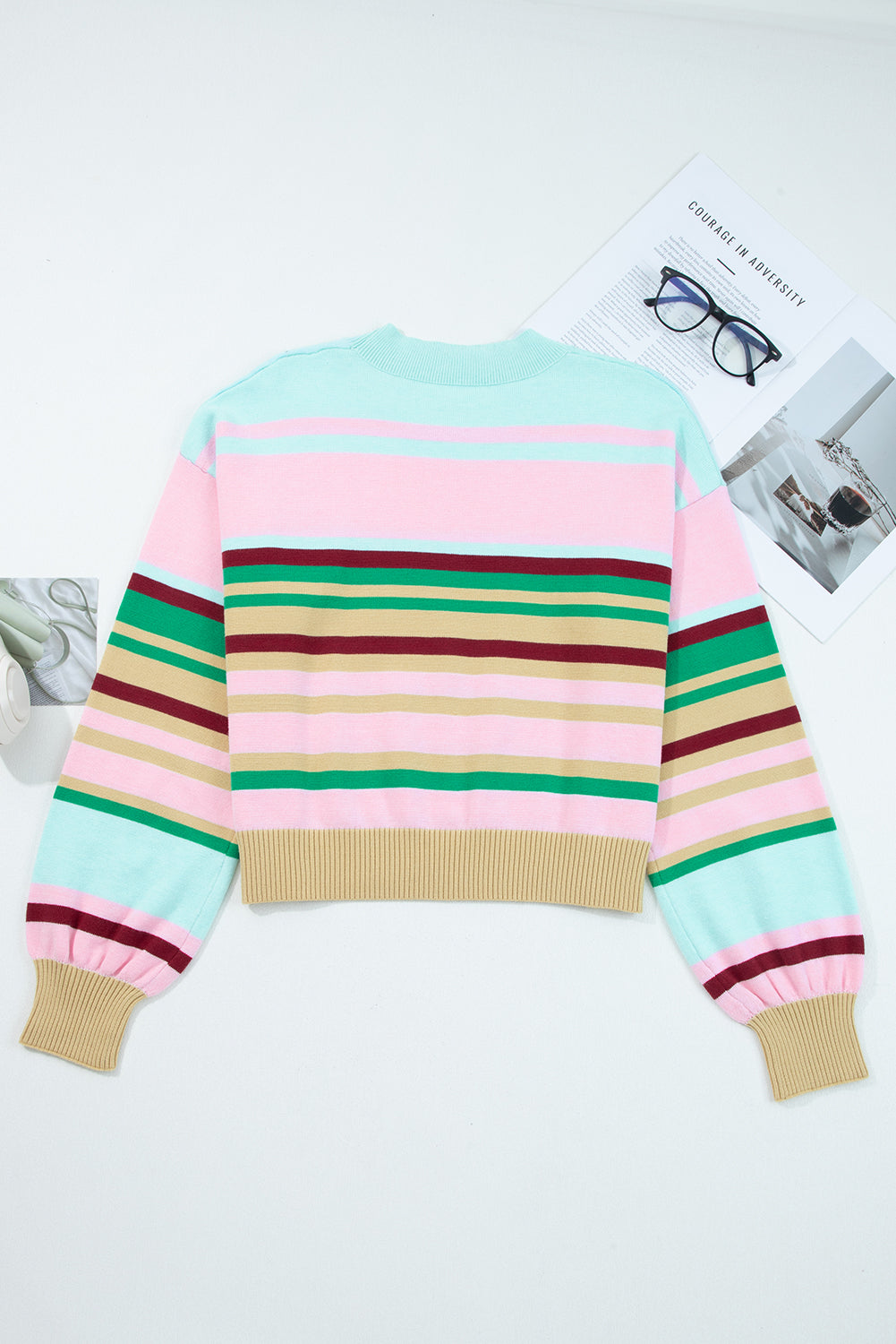 Stripe Ribbed Trim Crewneck Cropped Sweater