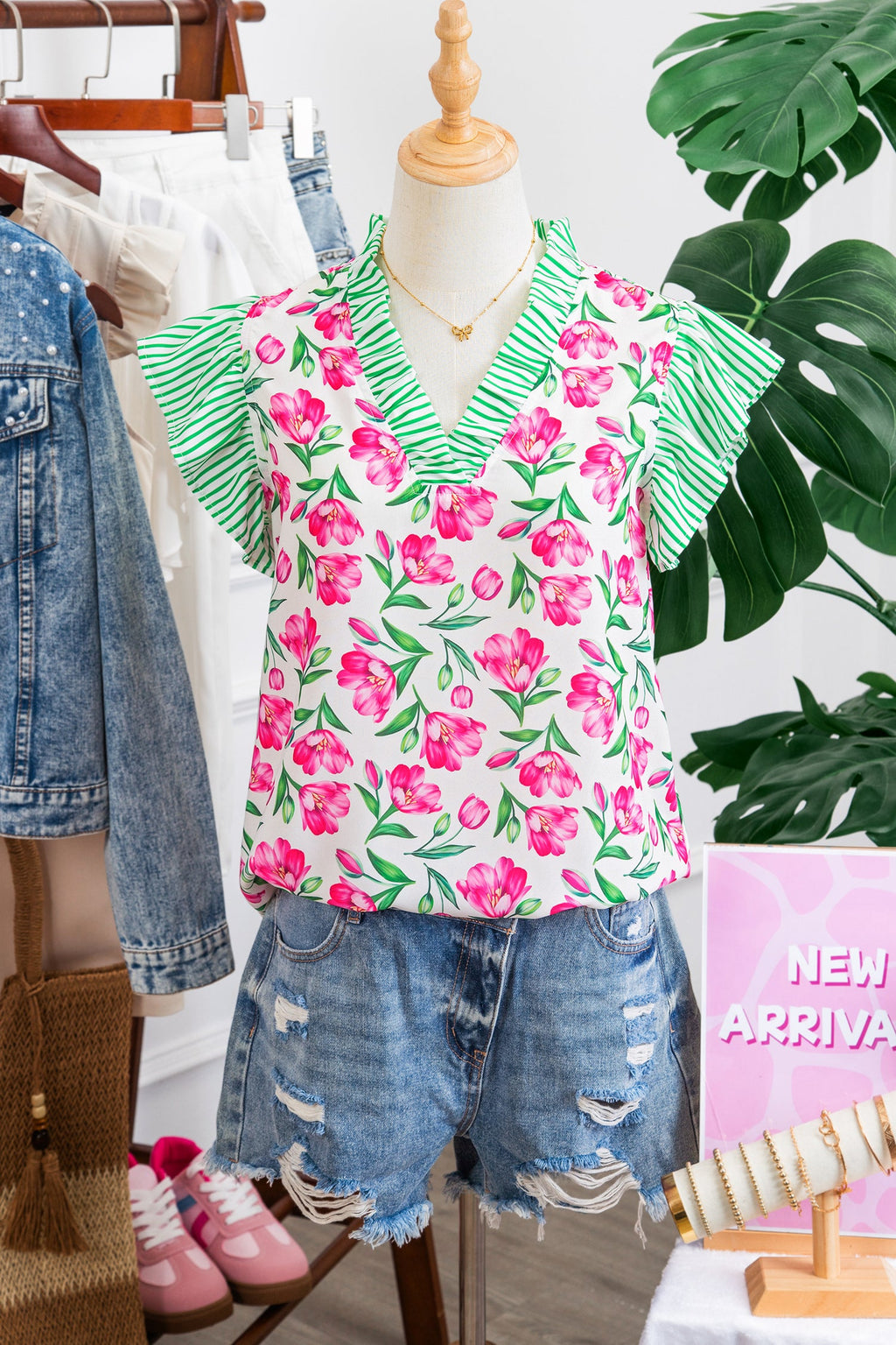 Multicolour Sweet Floral Print Striped Ruffle Trim V Neck Blouse