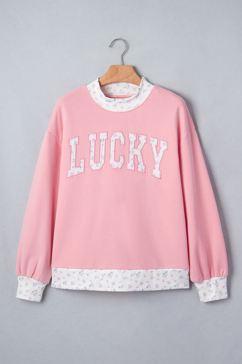 Pink High Neck Floral Patch Embroidery Long Sleeve Sweatshirt
