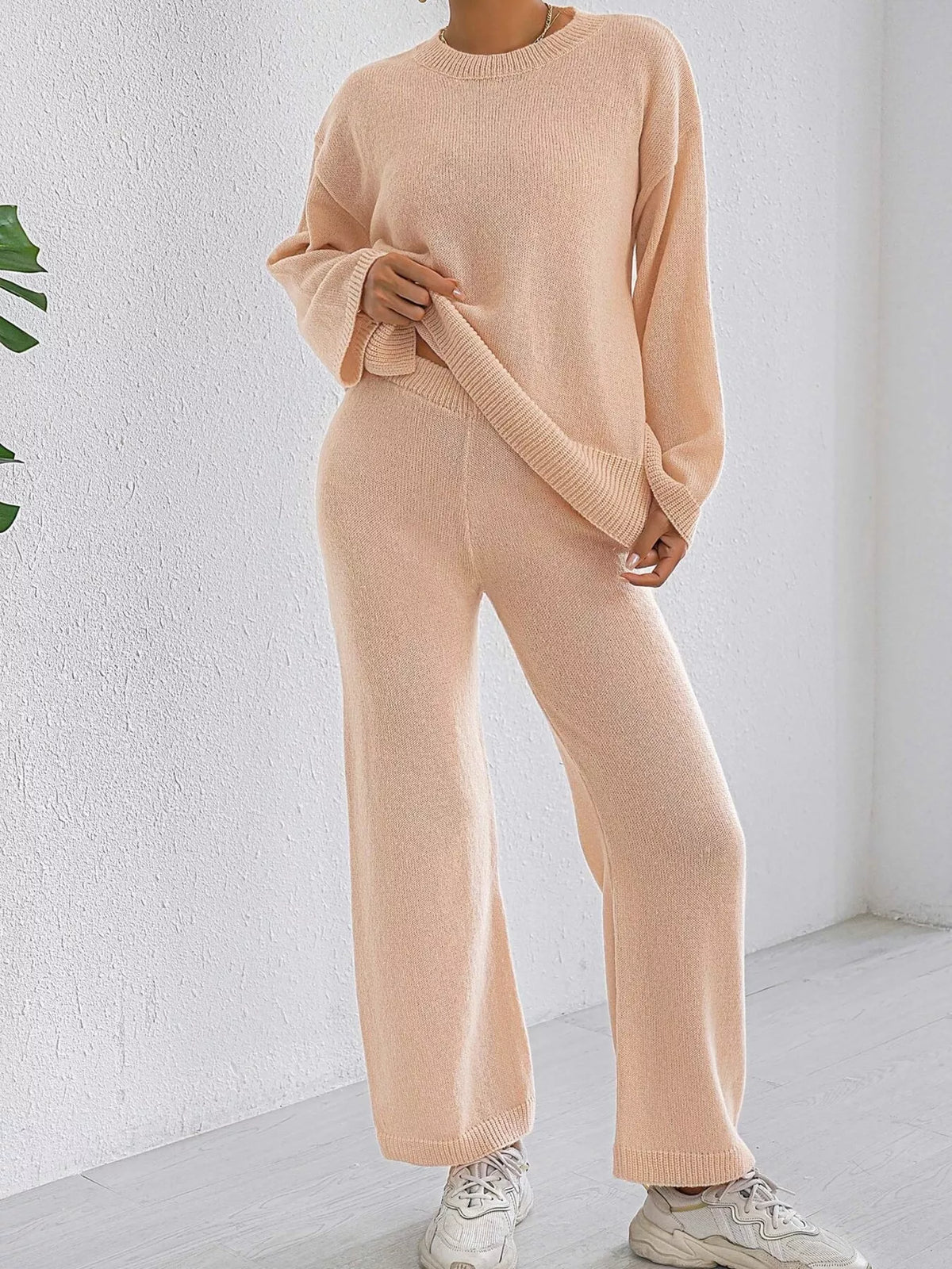 Dropped Shoulder Top and Pants Sweater Set