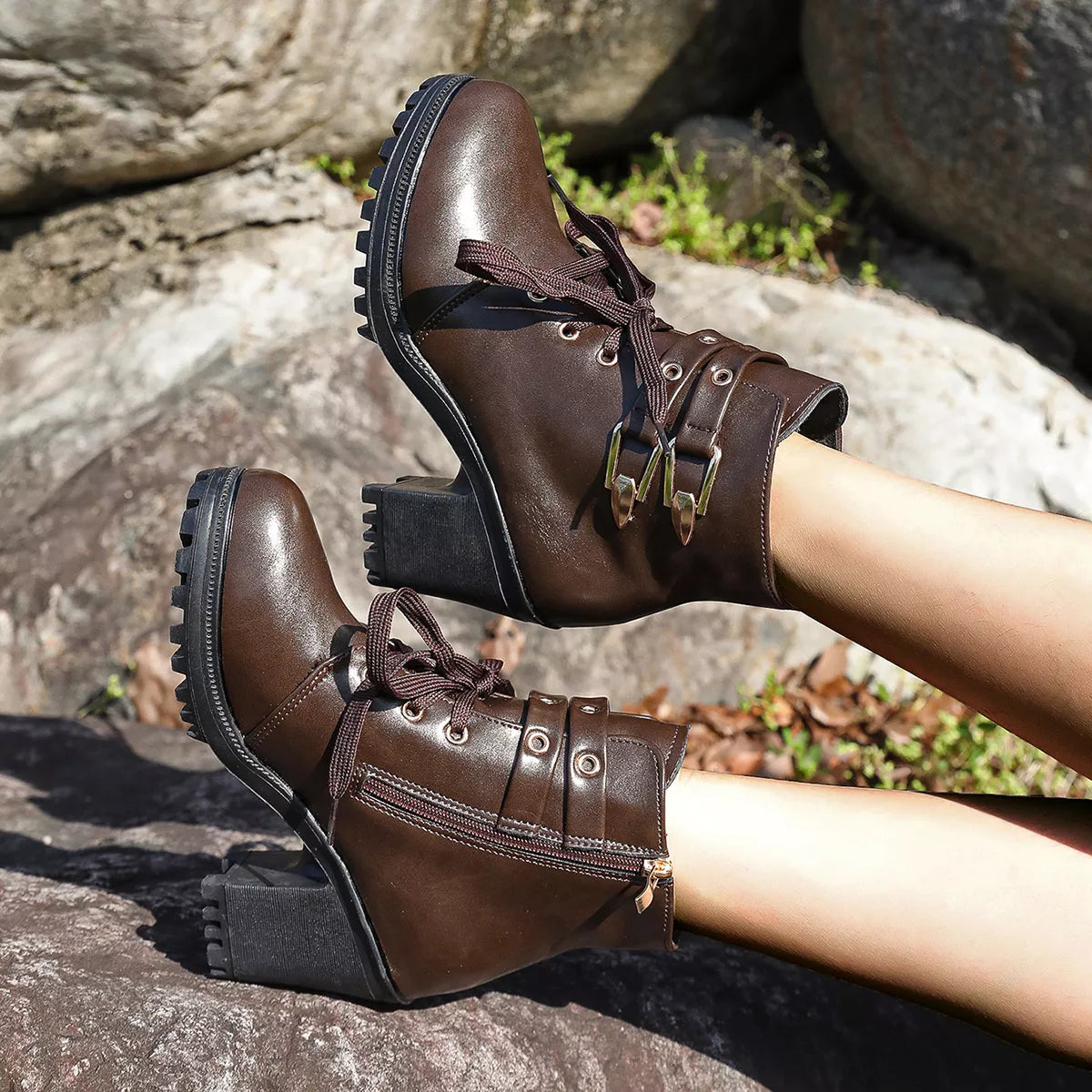 Lace Up Block Heels Boots