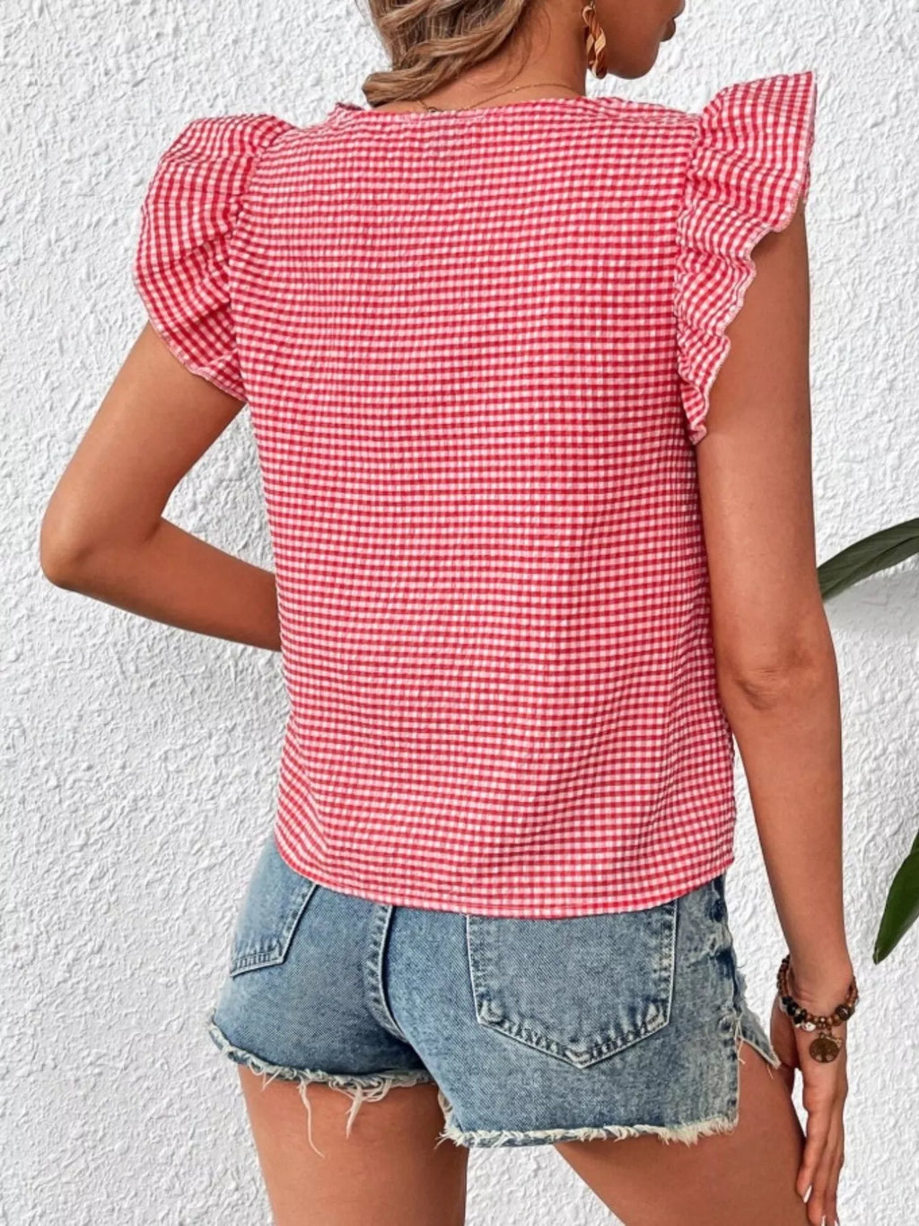 Gingham Ruffle Sleeve Square Neck Blouse