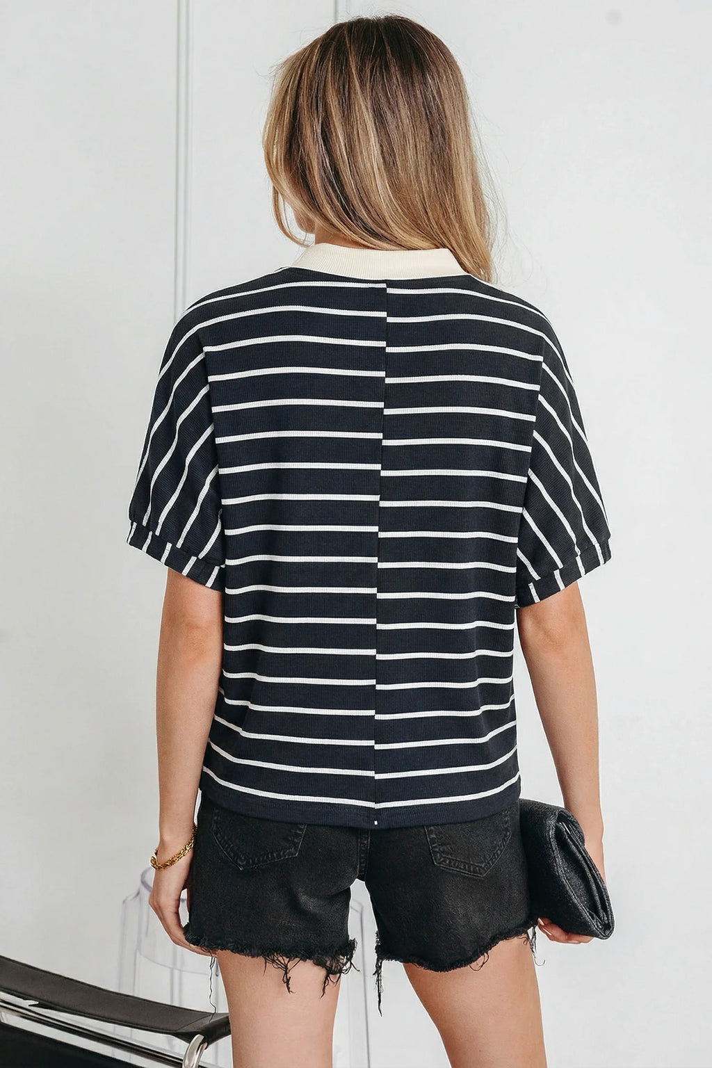Stripe Stand Collar V-Neck Dolman Sleeve Top