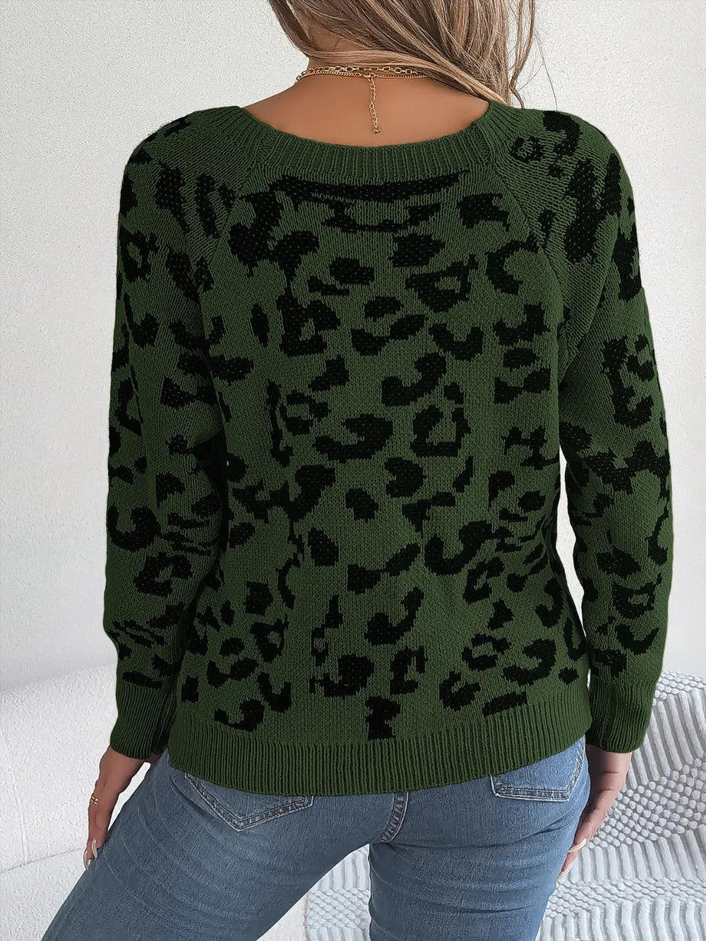 Leopard Buttoned Square Neck Sweater