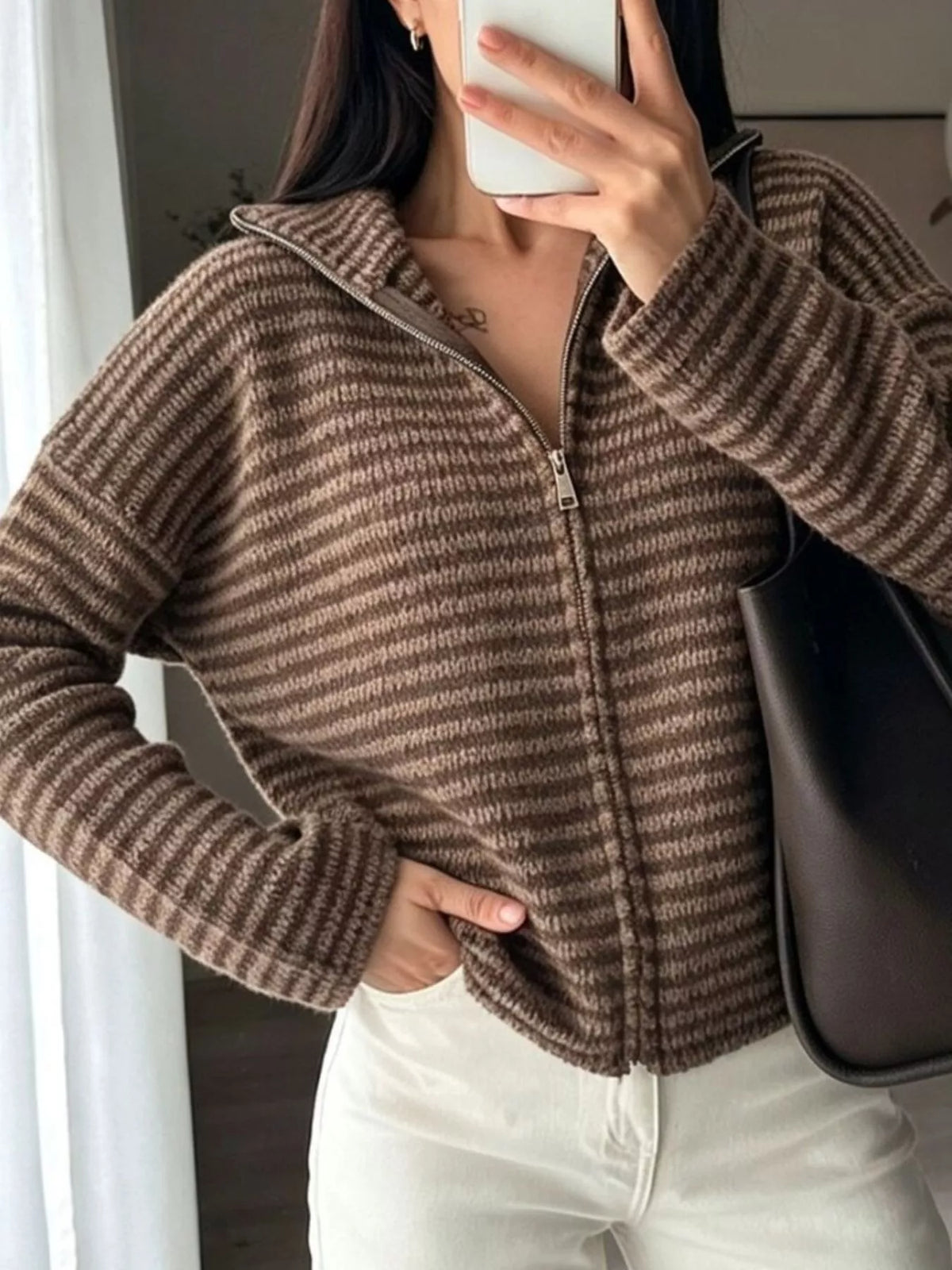 Striped Zip-Up Knit Cardigan
