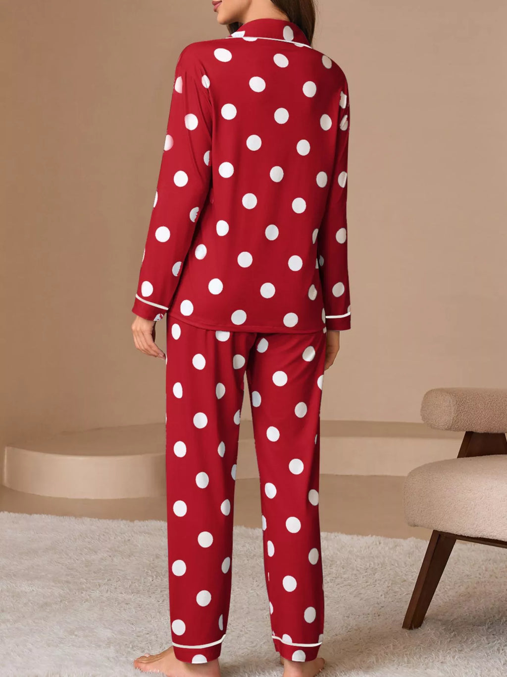 Polka Dot Button-Down Top and Pants Lounge Set
