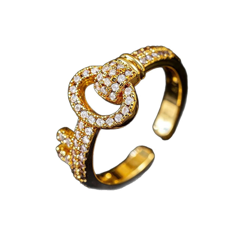 New Trendy Minimalist Textured Micro Pave Zircon Key Ring, Light Luxury Niche Elegant Versatile High Sense Adjustable Finger Ring