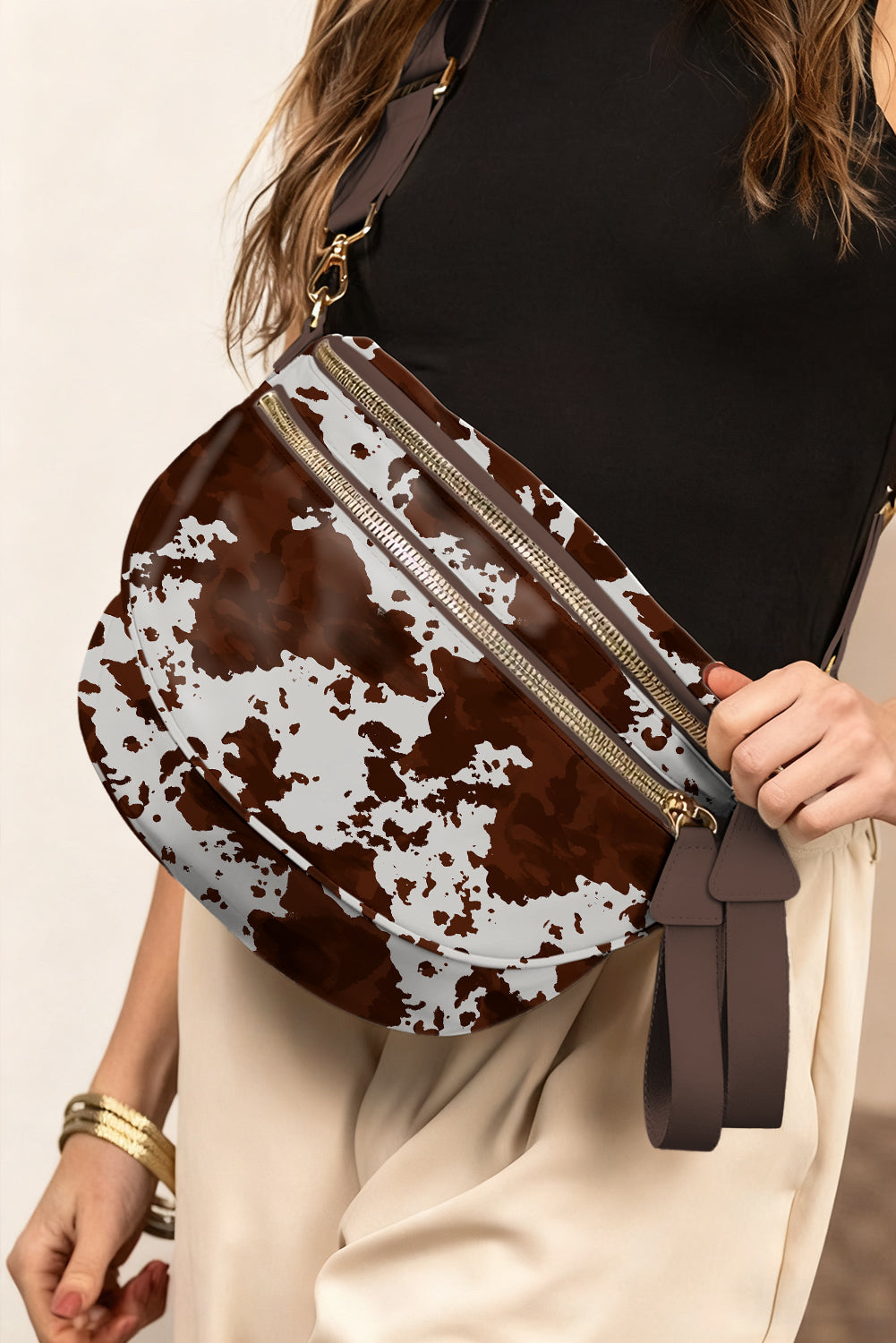 Coffee Cow Spots Printed Double Zip Crossbody Bag