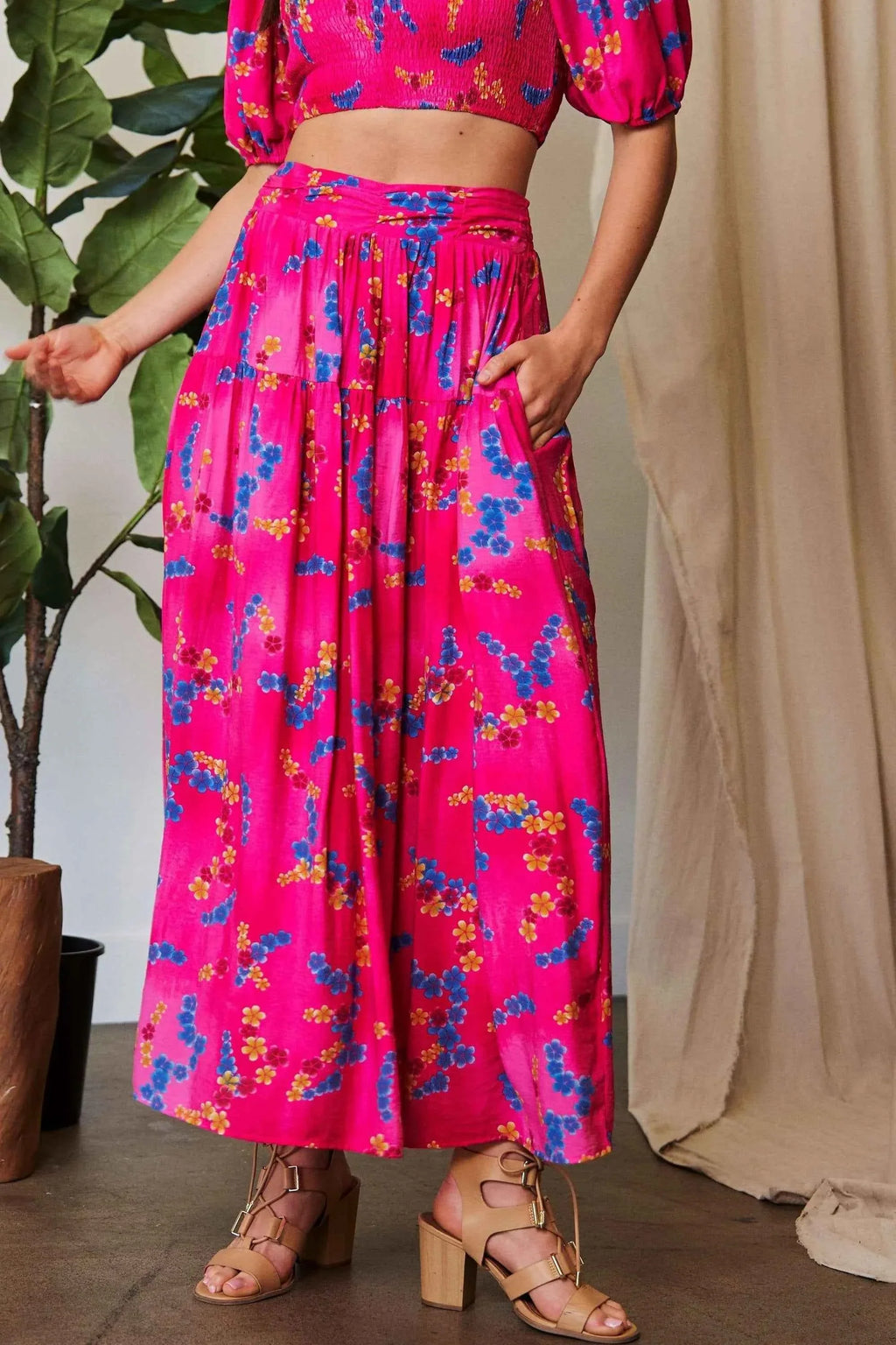 Printed Smocked Waist Ruffle Maxi Skirt
