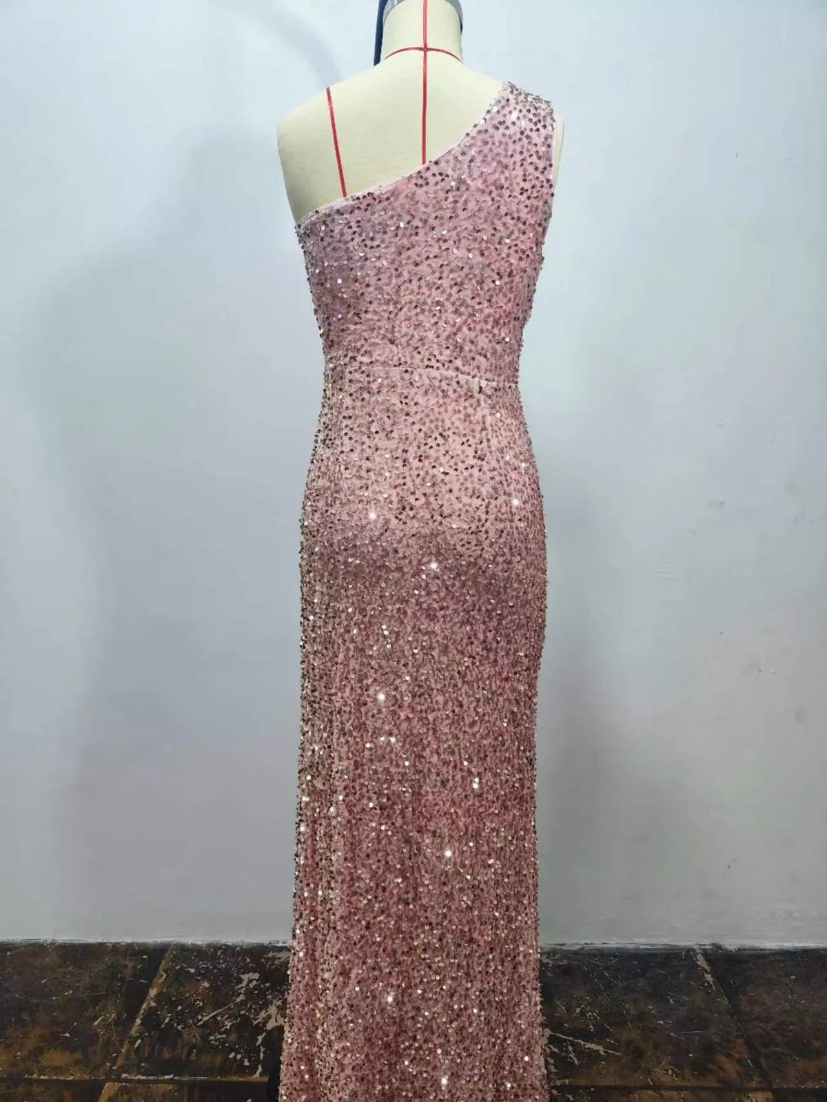 One-Shoulder Ruched Sequin High-Slit Evening Dress