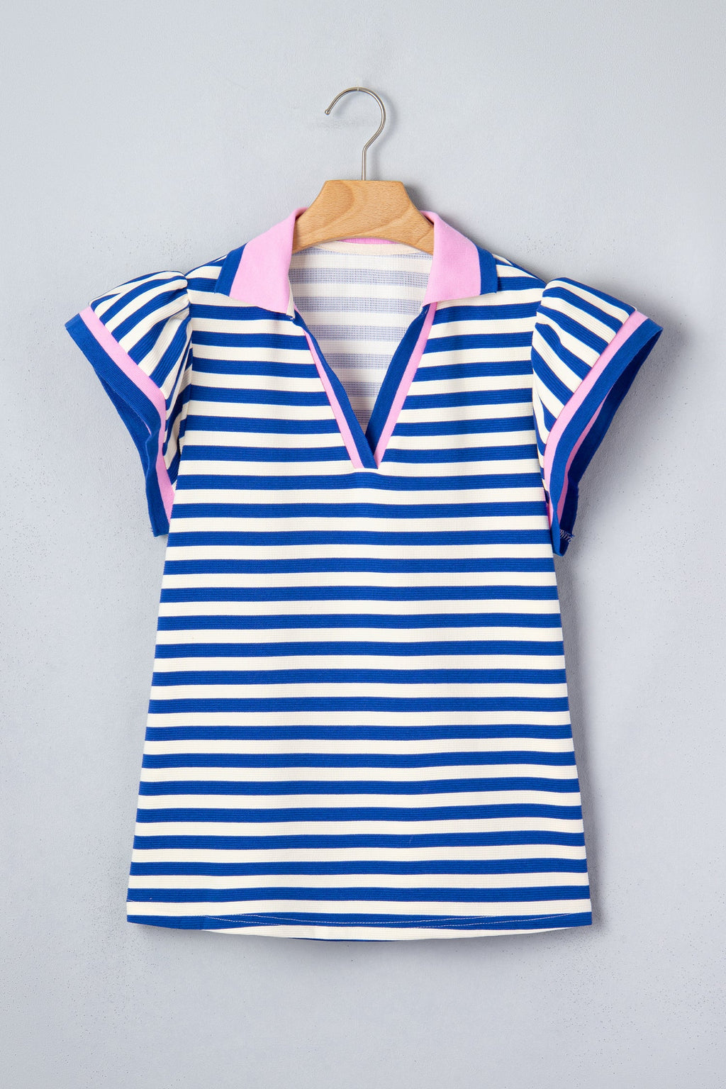 Blue Stripe Contrast Trim Polo Collar Ruffled Short Sleeve Blouse