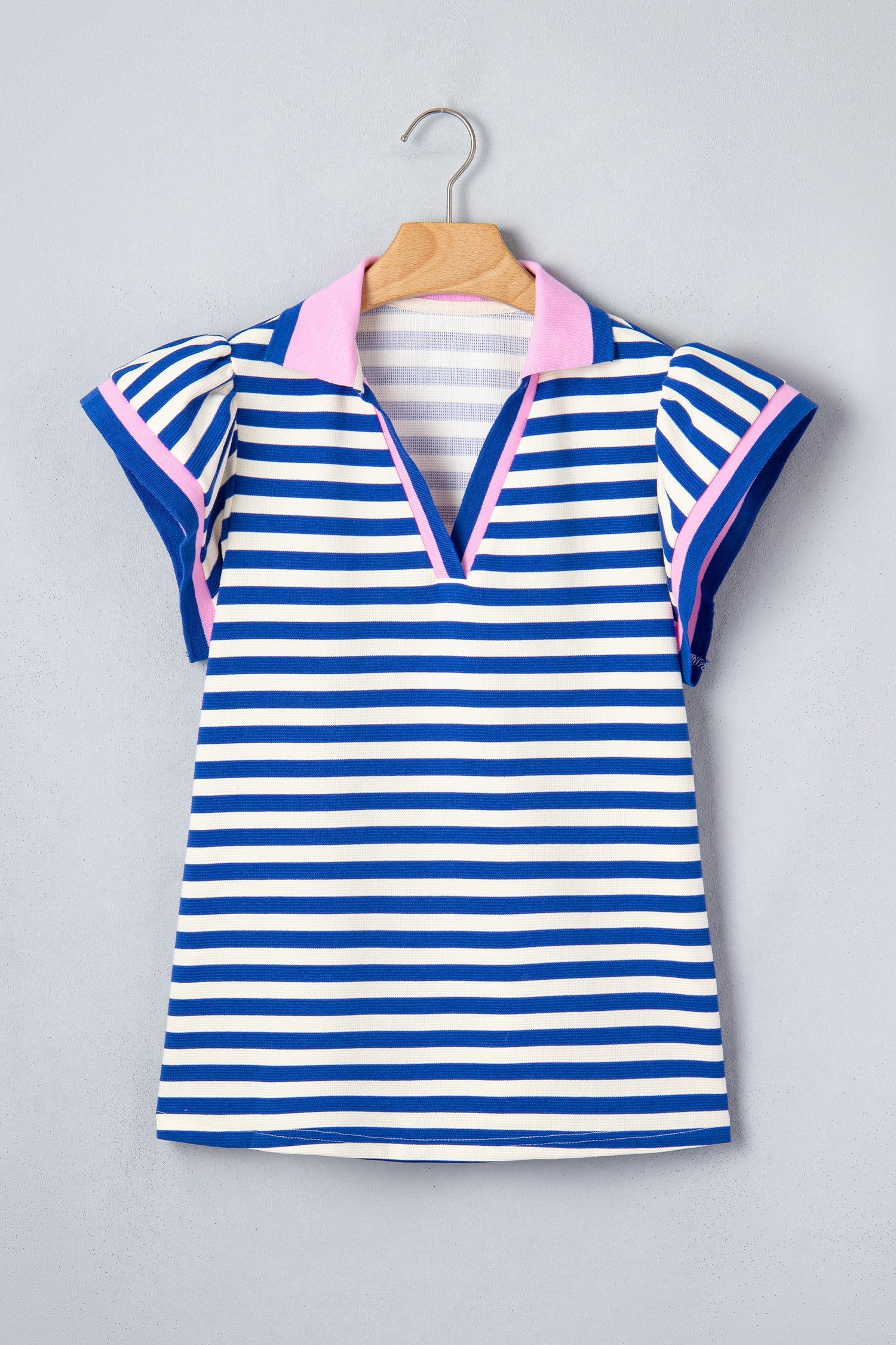 Blue Stripe Contrast Trim Polo Collar Ruffled Short Sleeve Blouse