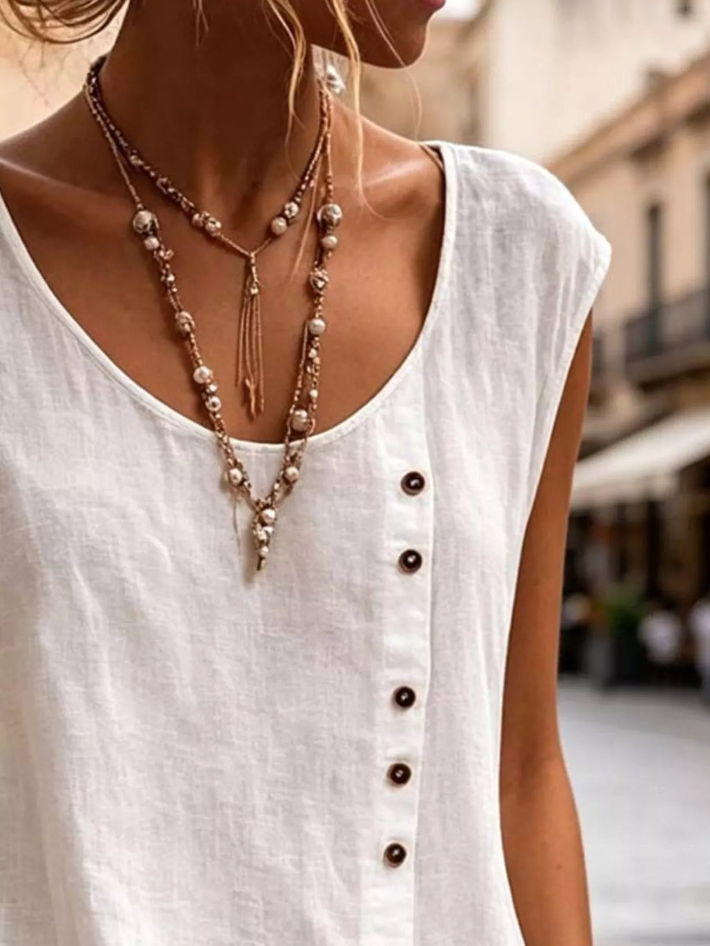 Full Size Round Neck Decor Button Tank Plus Size