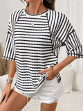 Casual Striped Raglan Sleeve Textured T-Shirt