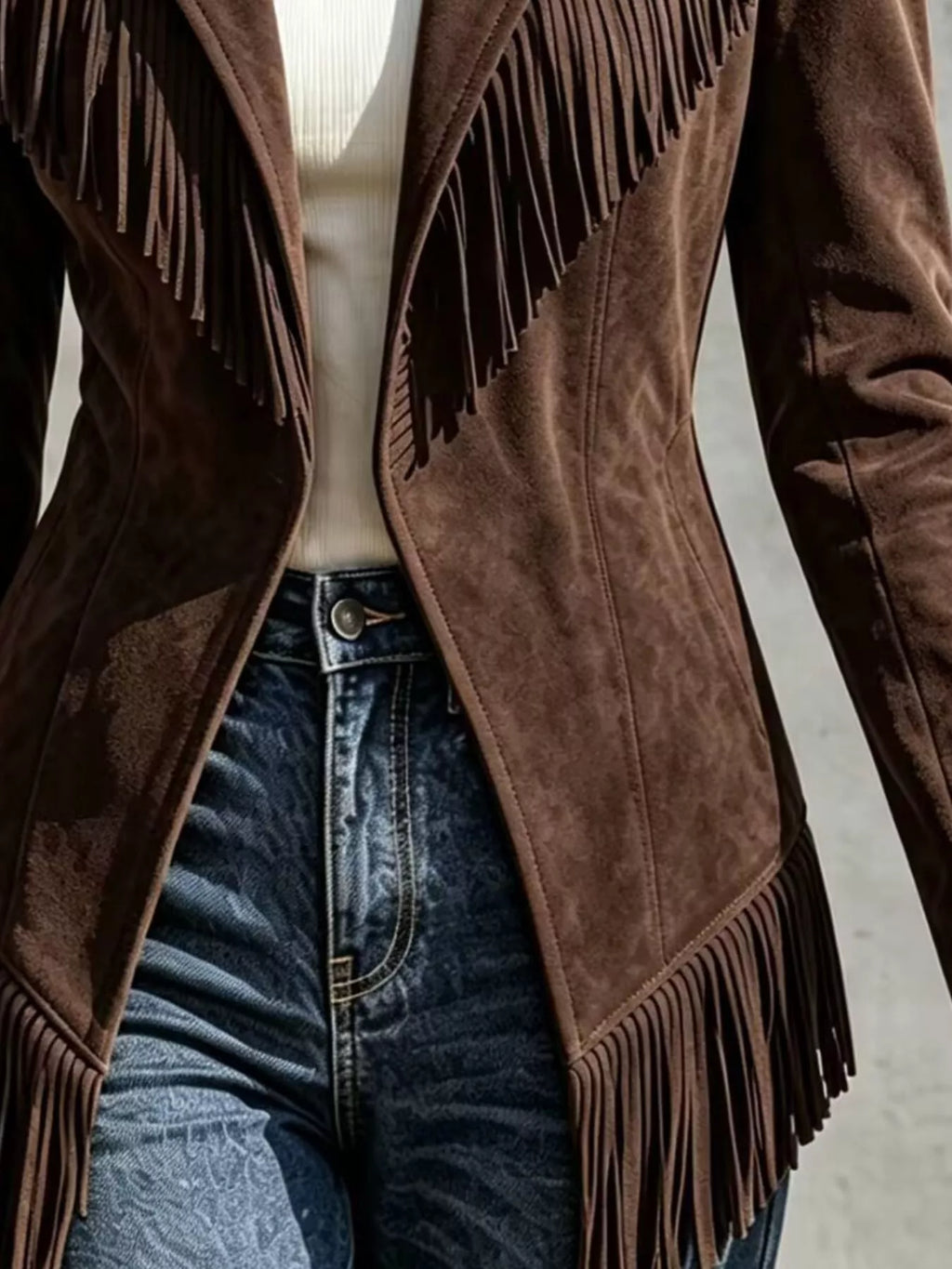 Western-Inspired Fringed Open Front Jacket