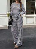 Striped Casual Long Sleeve Top and Wide Leg Pants Set