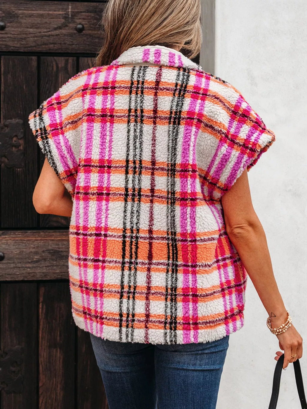 Sherpa Plaid Snap-Front Vest Coat