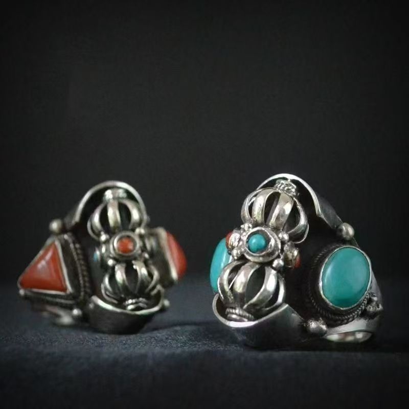 New Xizang-Style Vajra Heavy-Duty Ring With Imitation Turquoise And Red Bead Inlay, Vintage Ethnic Style Unisex Ring Accessory