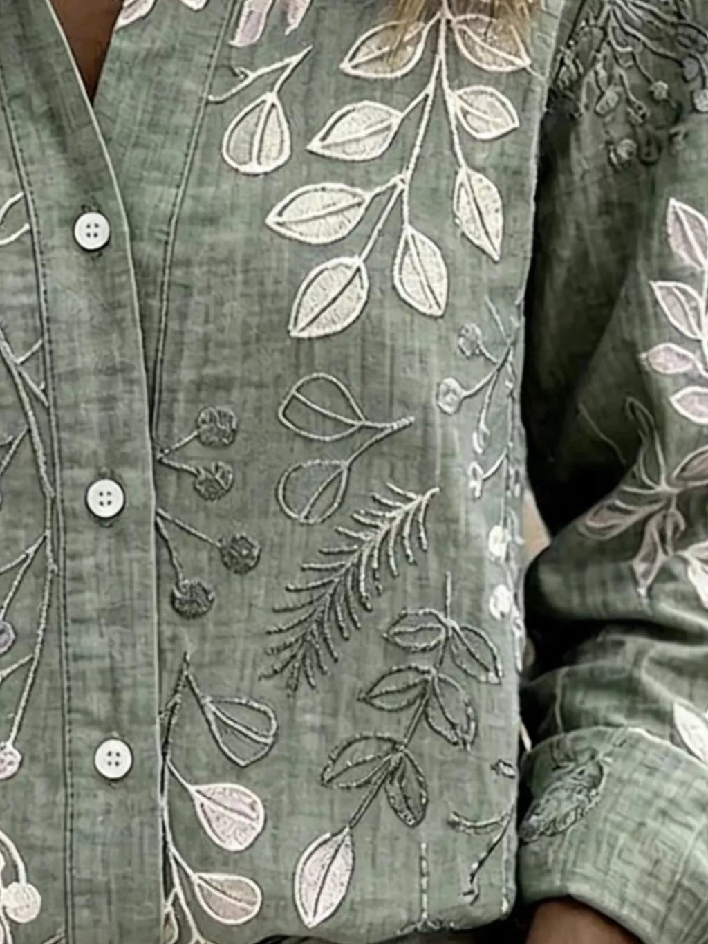 Full Size Leaf Embroidered Button-Down Shirt Plus Size