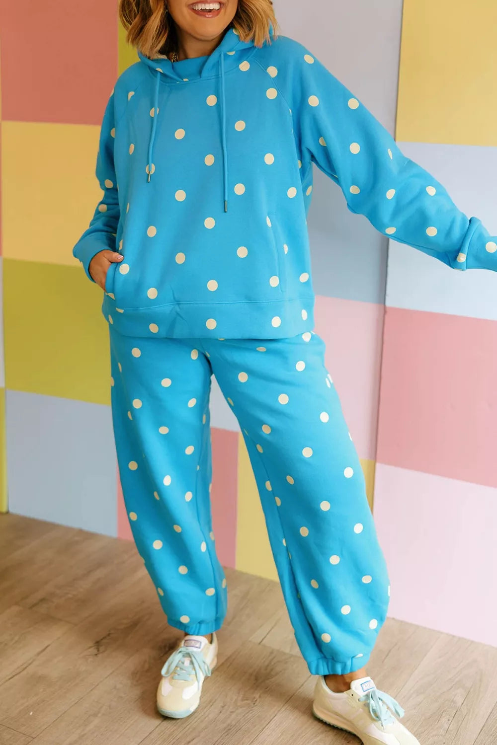 Plus Size Polka Dot Hooded Drawstring Long Sleeve Top and Pants Set