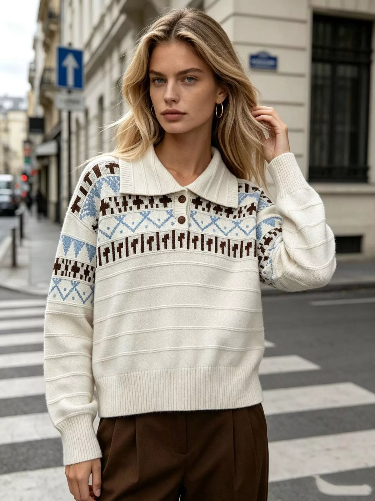 Vintage-Inspired Fair Isle Patterned Polo Sweater