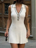 Sleeveless Ribbed Knit Polo Sweater Dress