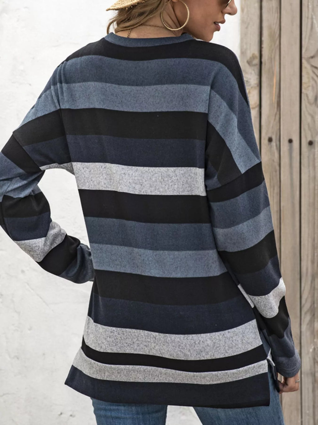 Full Size Casual Striped Long Sleeve Crew Neck Top Plus Size