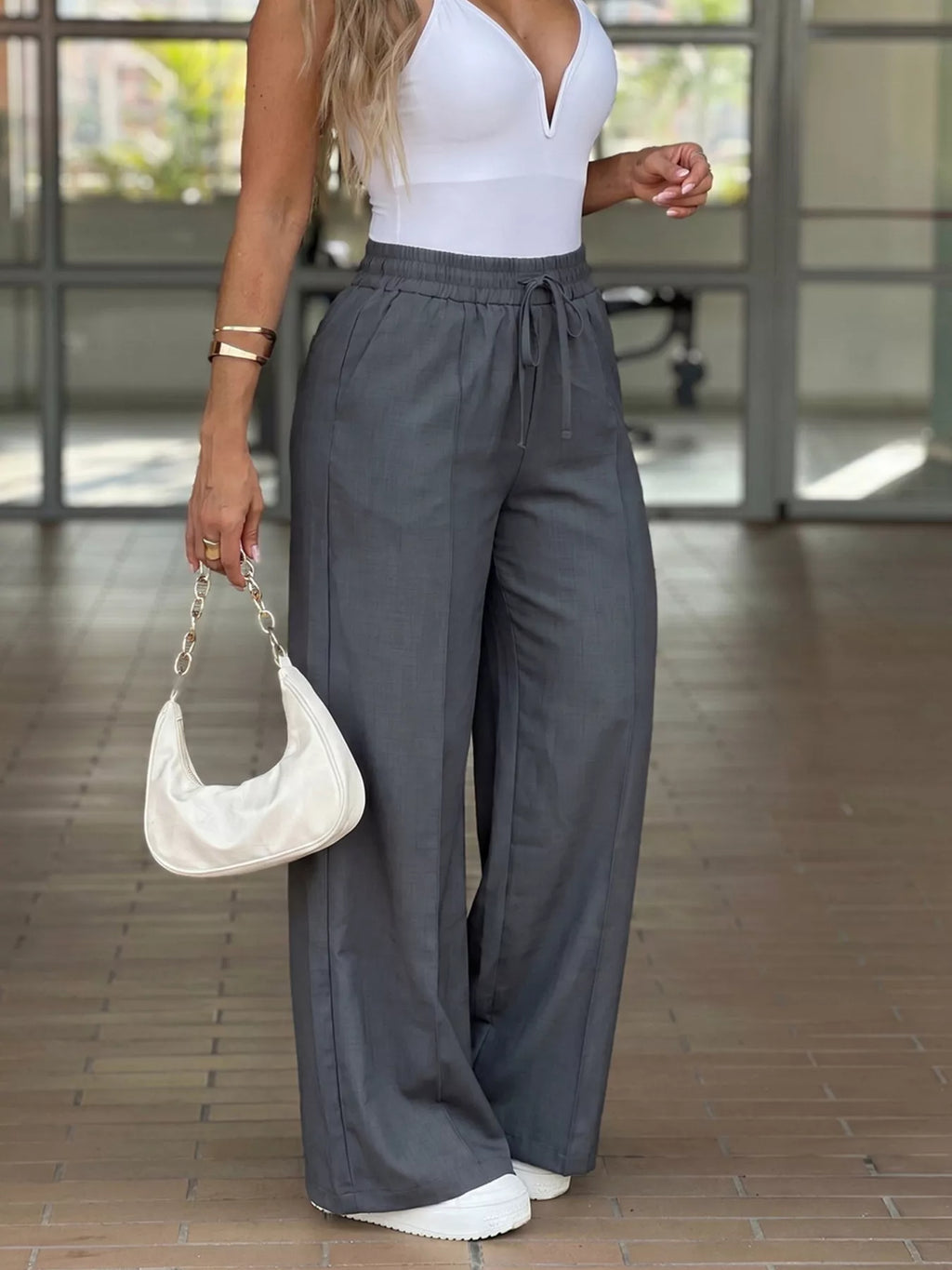 High-Waisted Wide-Leg Drawstring Pants
